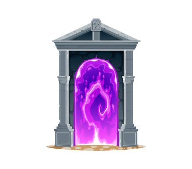 Sihirli kapı, fantezi taş kapı ve oyun varlığı. Karikatür vektörü gizemli ışınlanma girişi. Pembe enerji ve kaya kolonları parlıyor. Zaman yolculuğu geçidi mistik ve büyülü bir atmosferi çağrıştırıyor.