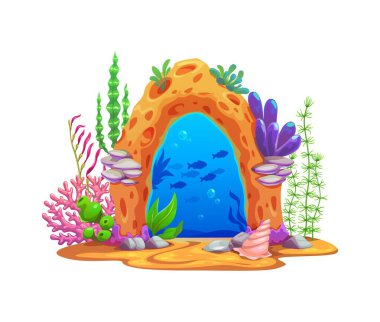 Sihirli deniz altı geçidi, taş kapı ve kapı. Karikatür vektörü turuncu mercan kemer çerçevesi deniz bitkileri, kabuklar ve tropikal mercanlarla çevrili, arka planda balık siluetleri sergileniyor.