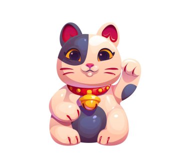 Şanslı Japon Maneki Neko kedisi çizgi filmi. İzole vektör hatırası ya da pençeli tılsım ve çan tasması takan arkadaş canlısı ifade. Doğu Japonya kültüründe şans, refah ve zenginliğin sembolü