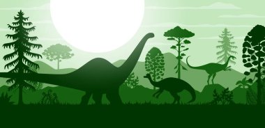 Tarih öncesi dinozorlar ve ağaç siluetleri. Jurasik dinazor hayvanları ve sürüngenler arka planda brontozor, elmisurus ve jaxartosaurus siluetleri, tarih öncesi orman, dağlar, ağaçlar