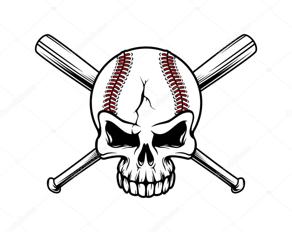 Baseball skull with crossed bats for sport club or team league badge, vector emblem. Skeleton skull as baseball ball with cracks and crossbones of bats for varsity team or college league club mascot