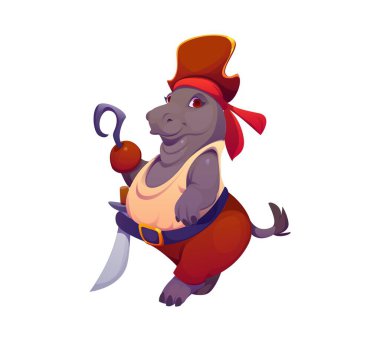 Çizgi film komik su aygırı korsan karakteri, üç mısırlı şapkalı ve sırıtıyor. Kanca elli ve kılıçlı izole vektör suaygırı neşeli ve maceracı bir şenlik ruhu yayar.