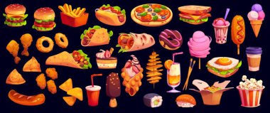 Çizgi film fast food hamburgerleri, sandviçler, abur cuburlar ve yemekler, vektör ikonlar. Çizgi film fast food cheeseburger ile patlamış mısır ve suşi, dürüm ile dürüm ve ızgara tavuk nugget veya pizza ve milkshake