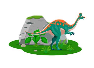 Lambeosaurus prehistorik dinazor karakteri, Kretase döneminin sonlarında yaşamış bir hadrosaurid dinozor cinsidir. Yeşil bitki örtüsünün arasında kendine özgü kafatası arması olan otobur çizgi film vektörü.