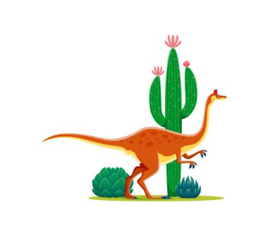 Tarih öncesi çizgi film pelikan taklidi dinozor karakteri. Erken Kretase döneminden Theropod dinosunun izole edilmiş vektör cinsi. Büyük bir kaktüsün yanında benekleri olan antik sürüngen hayvan.
