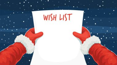 Çizgi film Noel dilek listesi Noel Baba 'nın elinde. Kış Noel dilek listesi. Çizgi film vektörü baba Noel karakteri, karlı bir gecede başlık listesiyle birlikte boş kağıt tutuyordu.