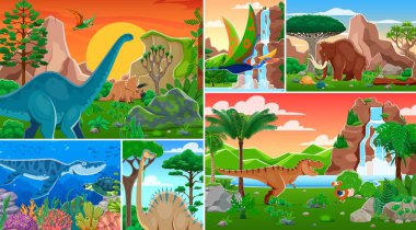 Prehistoric dinosaur characters collage with Jurassic lizards and dino animals, vector background. Funny T-rex tyrannosaurus with mammoth of ice age and giant dinosaur in forest for kids dino world clipart