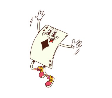 Eski moda kumarhane poker kartı karakteri. İzole edilmiş karikatür vektörü karikatür şahsiyeti geniş bir gülümsemeyle atlıyor, kumar gecesine eğlence getirmeye hazır. Büyük mutlu gözleri olan komik oyun kartı.