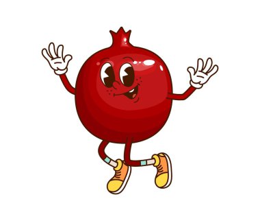Komik çizgi film, neşeli yüzlü, nar ve meyve karakteri. İzole edilmiş vektör tropikal meyve retro y2k kişiliği parlak kırmızı yuvarlak bir vücuda, anlamlı gözlere ve geniş bir gülümsemeye sahiptir.