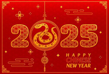 Kağıt, Çin Yeni Yıl bayrağını kırmızı ve altın desenler, çiçek motifleri ve bayram sembolleriyle çevrili dairesel amblem içinde altın bir yılanla kesti. Seçkin Cny 2025 tebrik kartı