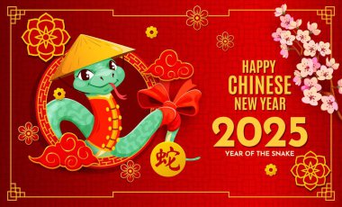 Kağıt, Çin 'in yeni yıl tatili afişini şapkalı yılanla kesti. Vektör Cny 2025 hoş yeşil sürüngen yılanlı tebrik kartı. Geleneksel konik şapka takıyor. Etrafı kiraz çiçekleri ve bulutlarla çevrili.