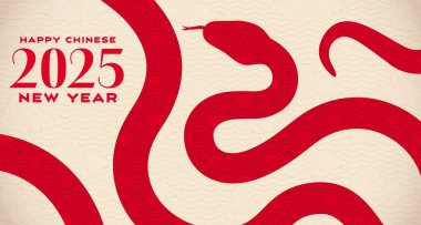 2025 Çin Yeni Yıl posterinde kırmızı yılan silueti var. Cesur ve zarif akışkan sürüngen yılan hatlarıyla bej bir arkaplanda karmaşık desenler oluşturan vektör gösterişli Cny afişi