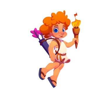 Karikatür, sevgililer günü meleği ve turuncu bukleli, beyaz kanatlı, elinde yanan bir meşale tutan melek karakteri romantik ya da şenlikli bayram olayları için sıcaklık, sevgi ve neşe saçar.