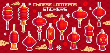 Asian Chinatown lamps stickers pack, cartoon Chinese festival red lanterns. Vector set of adhesive patches with traditional festive decorations for Asian Lantern festival and Chinese New Year events clipart