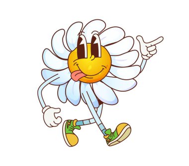 Harika papatya çiçeği, komik yüzlü eski çizgi film karakteri, vektör emojisi. Havalı papatya çiçeği karakteri. Aptal suratlı ve dilsiz. Hippi ayakkabılarıyla yürürken tuhaf duyguları var.