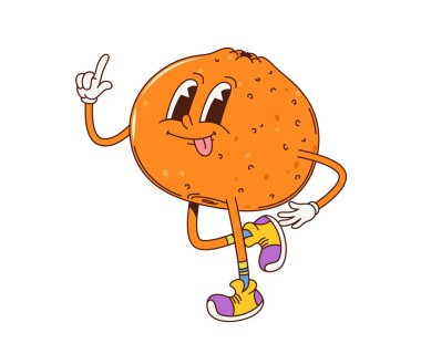 Çizgi film modası geçmiş, mandalina meyveli, spor ayakkabılı bir karakter. Yüzsüz bir gülümseme ile retro funky titreşimler yayıyor. İzole vektör olgun ve neşeli tropikal portakal veya mandarin narenciye meyvesi kişiliği