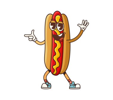 Harika bir fast food sosisli sandviç karakteri. İzole edilmiş çizgi film vektörü psychedelic hot-dog fast food kişiliği. Müthiş bir havası var. Hoş bir gülümsemesi var.