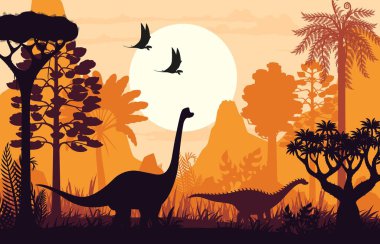 Orman orman vektör arka planında dinozor siluetleri. Jurasik dinazor hayvanları, tarih öncesi palmiye ağaçları, bitkiler ve gün batımında dağlar. Brachiosaurus, ampelosaurus ve dimorphodon dinozor siluetleri