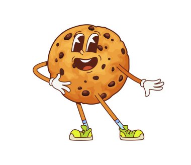 Çizgi film karakteri, modaya uygun titreşimlerle dolu. Çikolata parçalı izole vektör yuvarlak kurabiye neşeli bir ifade, renkli spor ayakkabılar ve tatlı pastane maceralarına hazır arsız bir poz.