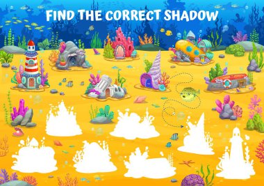 Çocukların çalışma çizelgesi, su altı peri masalı evlerinin doğru bir gölgesini bulmak. Çocuk eğitimi aktivite vektör bulmacası tropikal okyanus tabanı çizgi film binaları, deniz hayvanları, balıklar