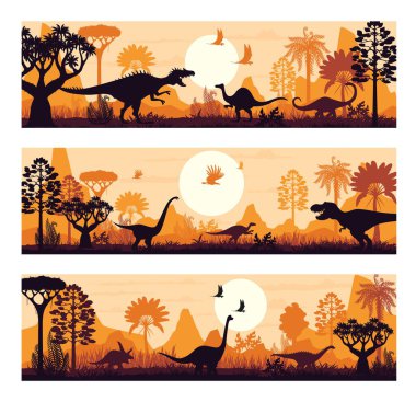 Tarih öncesi dinozor siluetleri ve vektör yatay pankartlarıyla tropik orman günbatımı. Tyrannosaurus, brachiosaurus ve dimorphodon dinozorları, dağlar, palmiye ağaçları ve batan güneş siluetleri.