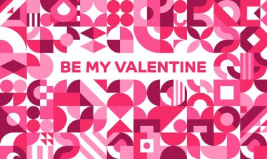 Geometrik şekilli, vektör kalpli sevgililer günü tebrik kartım ol. Geometrik şekilli ve pembe arkaplanda figürlü soyut aşk sembolleri olan Sevgililer Günü tebrik kartı