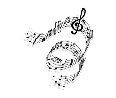 Müzik notaları ve anahtar sembollü şarkı dalgası. Ses kayıt notaları girdap arkaplanı. Klasik müzik veya orkestra melodisi harmoni sarmal dalgası izole edilmiş anahtar işareti ile vintage arkaplan