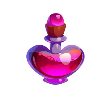Sevgililer Günü aşk iksiri, parfüm ya da sihirli iksir. Vektör karikatür kalp şeklinde cam şişe, pembe karışım, kabarcık ve kristal durduruculu şişe veya matara. Sevgililer Günü romantik aşk bayramı temaları