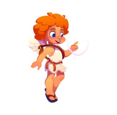 Sevimli aşk tanrısı ya da melek bebek melek karakteri havada aşk kalbi çiziyor. Melek kanatlı aşk tanrısı ve Sevgililer Günü 'nün baş vekil kişiliği romantik aşk tatili, düğün ve evlilik.