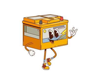 Çizgi film modası geçmiş araba aküsü karakteri. Araç tamircisi garajı eski moda karakter, araba tamir servisi 60 'lı yılların funky izole vektör maskotu veya otomobil ateşleme sistemi pili şirin kişiliği