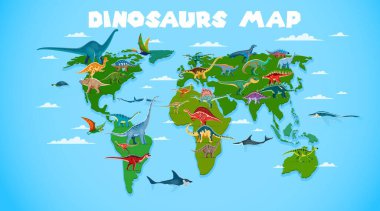 Tarih öncesi dinozor hayvanları ve sürüngenlerle dolu bir dünya haritası. Afrika, Asya, Avrupa, Avustralya ve Amerika kıtalarının vektör dinoları. Çizgi film Ankylosaurus, iguanodon ve allosaurus dinozorları dünya haritası