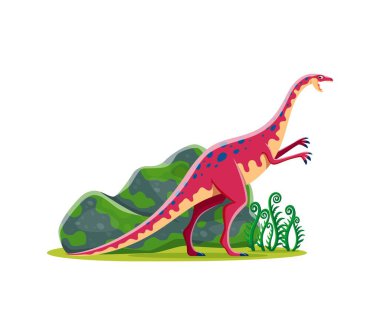 Anchisaurus cartoon prehistoric dinosaur character. Isolated vector colorful bipedal herbivore dino with red and yellow skin and blue dots standing beside rocks and ferns in a prehistoric landscape clipart