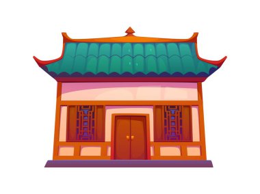 Çin binası, yeşil kiremitli, ahşap pencereli ve sıcak renklerde geleneksel Asya porselen evi. Çizgi film vektör mimarisi kültürel özgünlük, miras ve kültür yayar.