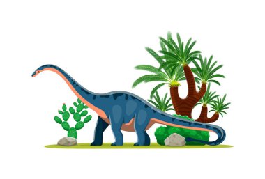 Shunosaurus tarih öncesi dinozor karakteri. İzole edilmiş çizgi film vektörü antik otobur sauropod sürüngen hayvan doğal ortamda kaya, ağaç ve bitkilerle birlikte. Jura Dönemi Paleontolojisi Dönemi Kertenkelesi