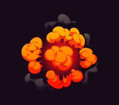 Bomb explosion effect for cartoon comic blast or boom with fire and smoke cloud, vector outburst. Bomb explosion or dynamite boom cartoon effect with fire sparks and smoke clouds of energy boom blast clipart