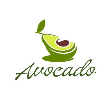 Avokado ikonu, tohum ve yapraklı yarım bir meyveyi temsil ediyor, tazelik ve sağlığı sembolize ediyor. İzole vektör modern amblem veya markalaşma için etiketleme ekolojik gıda, beslenme veya refah endüstrileri