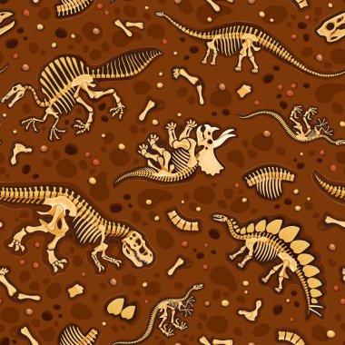 Prehistoric dinosaur fossils seamless pattern features dino bones and skeletons arranged on brown, textured soil background. Vector tile, wallpaper or textile with cartoon ancient skeletal structures clipart