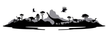 Monochrome prehistoric dinosaur silhouettes. Prehistoric nature landscape vector silhouette with mountains, forest trees and pelecanimimus, paralititan and probactrosaurus, scutellosaurus dinosaurs clipart