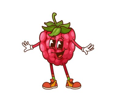 Çizgi film harika ahududu karakteri. İzole vektör olgun ve sağlıklı retro meyve kişiliği büyük gözleri, retro spor ayakkabıları, geniş gülümsemesi ve mutlu yüzüyle ayakta duran neşeli yüz ifadesi.