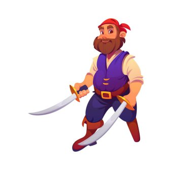 Çizgi film kaptanı ve kendine güveni olan, çift kılıç kullanan ve kırmızı bandana takan bir denizci karakter. İzole edilmiş vektör sakallı tek bacaklı gezgin kişiliği macera duygusunu somutlaştırır.