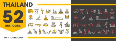 Tayland seyahati ve Tayland turizmi, kültür ve gıda vektör sembollerinin simgeleri. Asya tapınağı, dev Buda heykeli, tuk tuk, tekne ve saray binası. Fil, ejderha, Tayland boks, masaj