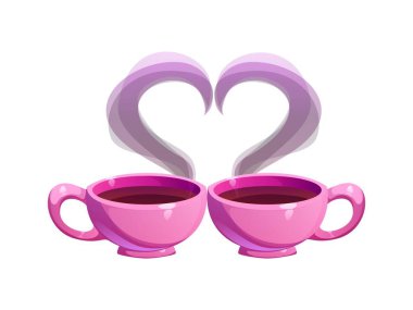 Karikatür İki pembe kahve fincanı, dumanı tüten kalpler yükseliyor, aşkı simgeliyor, Sevgililer Günü, sıcaklık ve bağlantı. Münferit vektör romantik ve sevgi dolu ilişkilerin, randevuların ya da kahve saatlerinin samimi sembolü