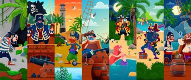 Çizgi film korsanı ve korsan karakterleri denizcilik sahneleriyle kolaj yapıyor. Vektör fantezi denizciler ve kaptanlar tropikal adada hazine avına çıkıp denizcilik hikayelerinin maceraperest ruhunu yakalıyorlar.
