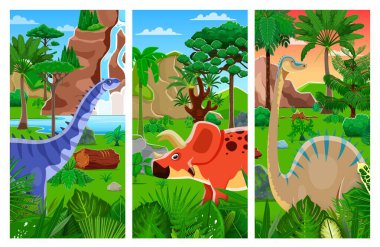 Prehistoric dinosaurs in jungle forest landscape. Vector vibrant vertical panels depicting cartoon dino species in a tropical rainforest, bursting with life, lush plants, waterfalls and ancient trees clipart