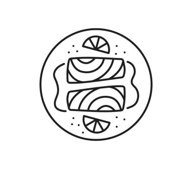 Somon balığı restoranı yemek ince çizgi ikonu. Somon ya da ton balığı çiğ et ana hatları simgesi, okyanus balığı taze yemek malzemesi ya da deniz ürünleri ürünü ince çizgi vektör sembolü, tabakta somon bifteği.