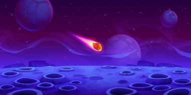 Düşen asteroitle uzay gezegeni yüzeyi, galaksi arkaplanı. Kuyruklu yıldızlı bir karikatür vektör gökyüzü sahnesi yıldızlarla dolu geniş evrende kraterleri olan gizemli bir gezegene doğru düşüyor.