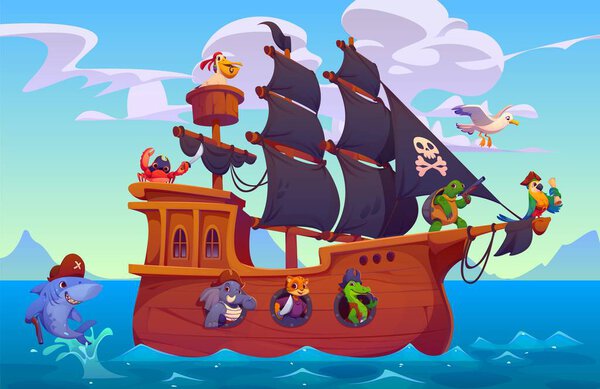Cartoon sail ship with animal pirates characters. Vector brigantine with parrot, turtle, crocodile and tiger, elephant, crab and pelican bird crew sailing across the ocean with shark enjoying journey
