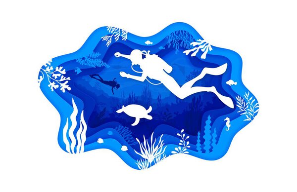Diver at the paper cut underwater landscape poster. Underwater world landscape paper cut vector banner. Seabed wildlife 3d background with scuba divers, turtle, fishes and seaweed plants silhouettes