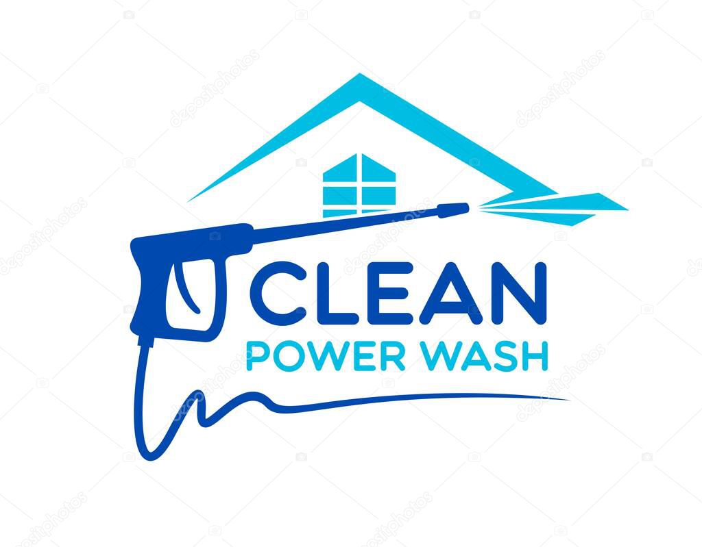 House cleaning and washing icon features a blue pressure washer spraying water, combined with a house roof silhouette and window. Vector emblem with bold, clean typography emphasizes clean power wash