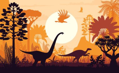 Günbatımı vektör arka planında dinozorlar siluetleri. Tarih öncesi dinazor hayvanları ve kuşlar ormandaki eski ağaçlar, bitkiler ve batan güneş. Dinozorların siluetleriyle Jurasik doğa manzarası